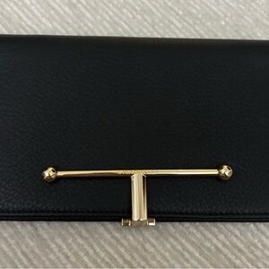 Strathberry Large Melville Street Wallet Black Calf Leather Gold Bar